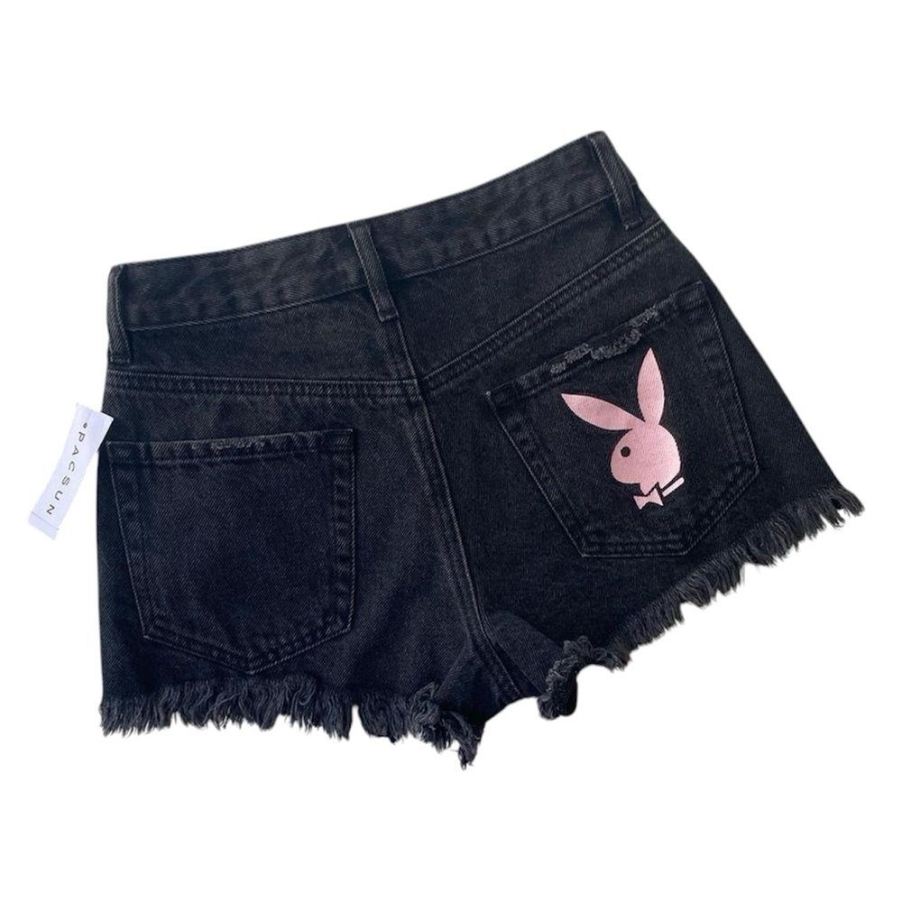 Playboy Shorts Denim Cut off black grunge festival flirty bunny Womens size 23
